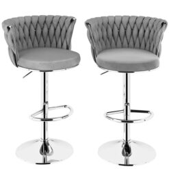 Modern Silver Swivel Upholstered Velvet Adjustable Height Counter Stool with Metal Frame Grey (Set of 2)
