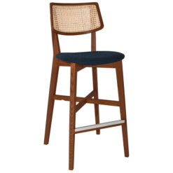 Phoenix Commercial Grade Timber Bar Stool, Rattan Back & Gravity Fabric Seat, Light Walnut / Navy