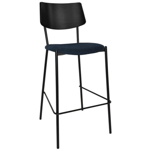 Texas Commercial Grade Steel Bar Stool, Timber Back & Gravity Fabric Seat, Black / Navy