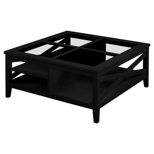 Winford Rubberwood Timber Square Coffee Table with Glass Top, 100cm, Black