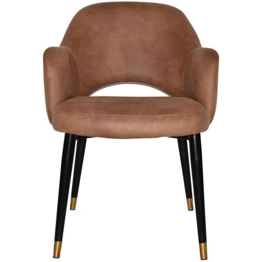 Albury Commercial Grade Eastwood Fabric Dining Armchair, Slim Metal Leg, Tan / Black Brass