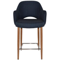 Albury Commercial Grade Gravity Fabric Counter Stool with Arm, Metal Leg, Navy / Light Oak