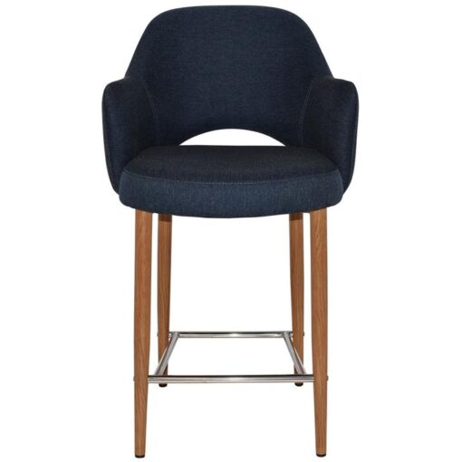 Albury Commercial Grade Gravity Fabric Counter Stool with Arm, Metal Leg, Navy / Light Oak