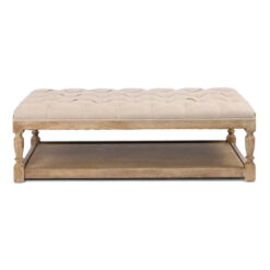 Florynce Tufted Linen & Oak Timber Rectangular Ottoman, 140cm, Beige / Natural