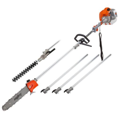 MTM 62cc Long Reach Pole Saw and Hedge Trimmer, 2-Stroke Petrol, 12" Tree Trimming Pruning Chainsaw Bar, 2 Extension Shafts
