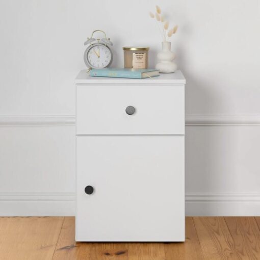 Porto Bedside Table - White - Slim - Round Black