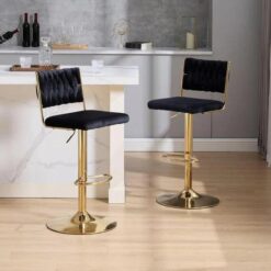 SERENITà 2x Velvet Bar Stools with Braided Back Elegant Kitchen High Chairs, Kitchen Island Stools Adjustable Height Swivel Bar Chairs with Gold Legs