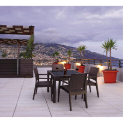 Siesta Bali 5 Piece Commercial Grade Resin Rattan Indoor / Outdoor Square Dining Table Set, 94cm, with Ibiza Armchair, Chocolate