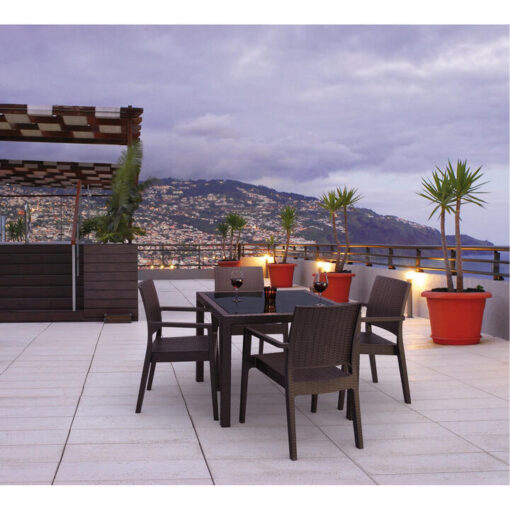 Siesta Bali 5 Piece Commercial Grade Resin Rattan Indoor / Outdoor Square Dining Table Set, 94cm, with Ibiza Armchair, Chocolate