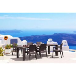 Siesta Vegas 7 Piece Commercial Grade Resin Rattan Outdoor Extendable Dining Table Set, 260-300cm, with Ibiza Armchair, Chocolate