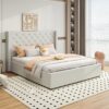 Veronica Bed Frame Double Size Winged Grey Linen Fabric Seam Grid Pattern with gas lift plywood metal structure