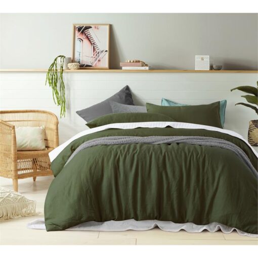 Vintage Design Homeware French Linen Quilt Cover Set, Queen, Olive