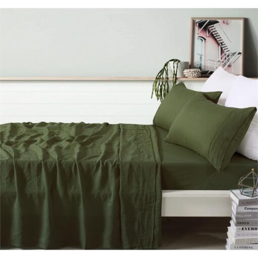 Vintage Design Homeware French Linen Sheet Set, Queen, Olive