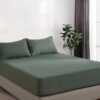 100% Vintage Washed Microfibre Fitted Sheet Set - Ultra Soft & Lightweight All-Season Fitted Sheet with 2 Pillowcases (Khaki Green, Queen Size)
