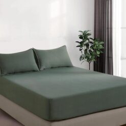 100% Vintage Washed Microfibre Fitted Sheet Set - Ultra Soft & Lightweight All-Season Fitted Sheet with 2 Pillowcases (Khaki Green, Queen Size)