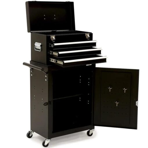 BULLET Pro 3 Drawer Tool Box Cabinet Trolley Storage, with 1-Door Toolbox Garage Organiser Set, Black