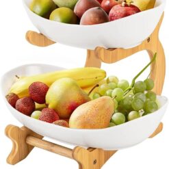 CARLA HOME 2-Tier Ceramic Fruit Bowl Basket with Bamboo Stand for Kitchen Counter, Snack Tray, Dessert Server & Vegetable Storage Rack