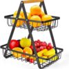 CARLA HOME 2-Tier Fruit Basket Stand for Kitchen Countertop for Fruits, Vegetables, Bread & Snacks with Wooden Handle