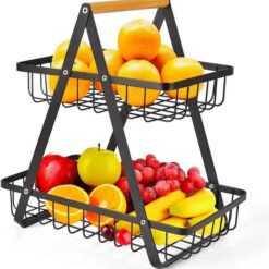 CARLA HOME 2-Tier Fruit Basket Stand for Kitchen Countertop for Fruits, Vegetables, Bread & Snacks with Wooden Handle