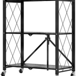 CARLA HOME 3-Tier Foldable Storage Shelf with Wheels for Kitchen, Garage, Pantry or Basement (Black)