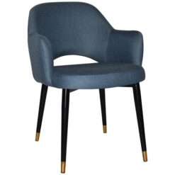 Albury Commercial Grade Gravity Fabric Dining Armchair, Slim Metal Leg, Denim / Black Brass