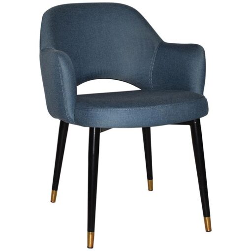 Albury Commercial Grade Gravity Fabric Dining Armchair, Slim Metal Leg, Denim / Black Brass