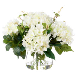 Rogue Artificial Lush Leaf Hydrangea in Glass Vase, White Flower