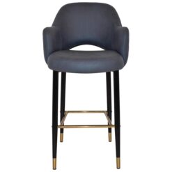 Albury Commercial Grade Pelle / Benito Fabric Bar Stool with Arm, Metal Leg, Navy / Black Brass