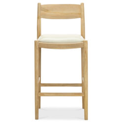 Calum Leather & Teak Timber High Back Counter Stool, Cream / Natural