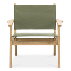 Enzo Leather & Teak Timber Sling Armchair, Olive / Natural