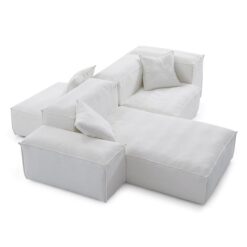 Touff Cotton Linen Fabric Double Sided Modular Sofa, High & Low Arms, 2 Seater with Reversible Chaise & Ottoman, White