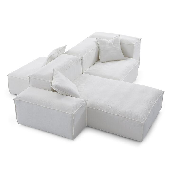 Touff Cotton Linen Fabric Double Sided Modular Sofa, High & Low Arms, 2 Seater with Reversible Chaise & Ottoman, White Touff Cotton Linen Fabric Double Sided Modular Sofa, High & Low Arms, 2 Seater with Reversible Chaise & Ottoman, White