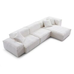 Touff Cotton Linen Fabric Modular Corner Sofa, High & Low Arms, 3 Seater with Reversible Chaise, White