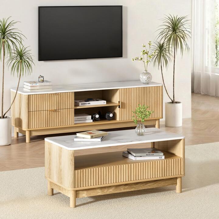 Artiss TV Unit & Coffee Table Set Storage Drawers Pine Artiss TV Unit & Coffee Table Set Storage Drawers Pine