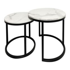 Crown 2 Piece Stone & Metal Round Nesting Side Table Set, White / Black