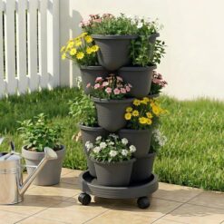 Green Fingers 5 Tier Vertical Garden Planter, Stackable Planters with 4 Wheels, Black, Raised Garden Bed, Garden Tower Indoor Outdoor, Auto Drainage S