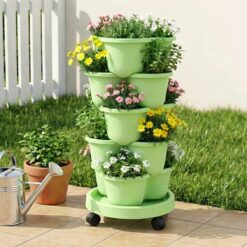 Green Fingers 5 Tier Vertical Garden Planter, Stackable Planters with Wheels, Light Green, Garden Bed, Garden Tower Indoor Outdoor, Auto Drainage Syst