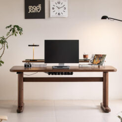Molten American Walnut Timber Electric Standing Desk with LED Shelf Riser, 150cm