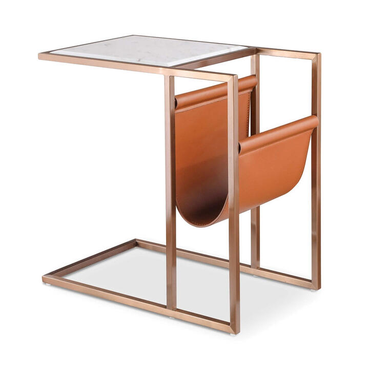 Orselli Marble & Stainless Steel C-shape Side Table with Microfiber Leather Magazine Rack Orselli Marble & Stainless Steel C-shape Side Table with Microfiber Leather Magazine Rack