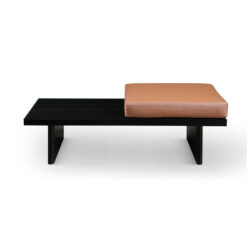 Roscoe Oak Timber Bench with Microfiber Leather Seat Cushion, Black / Caramel
